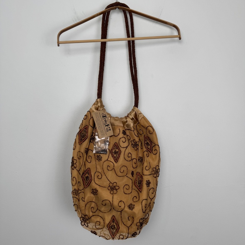 Treska Gold Beaded Silk Shoulder Bag Bohemian Floral Pouch Made in India NWT‎